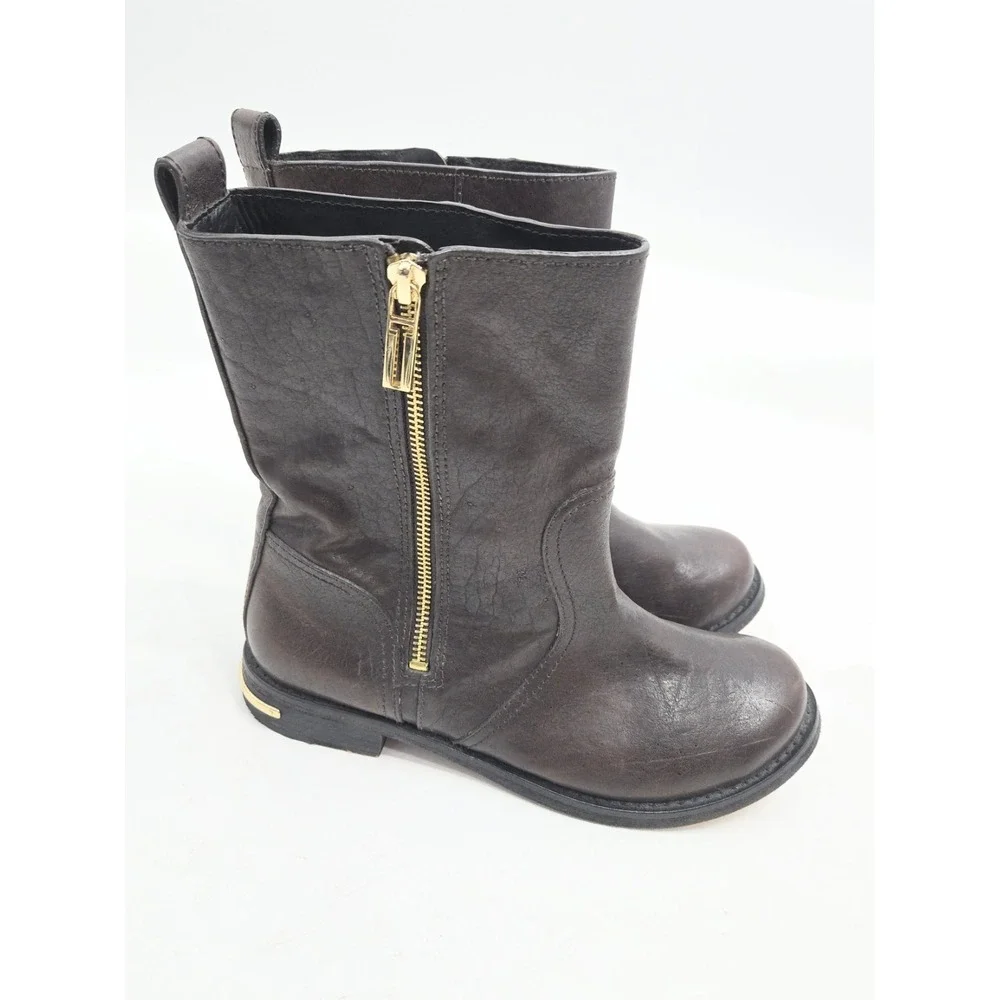 Tory Burch Elyse Moto Boots Women US 8 Chocolate Brown Leather Logo Zip Side